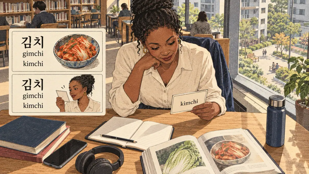 Korean study illustration: 김치, gimchi, kimchi.