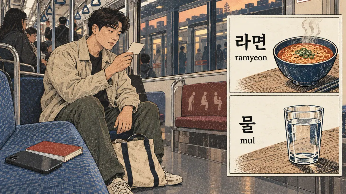 Korean study illustration: 라면, 물, ramyeon, mul.