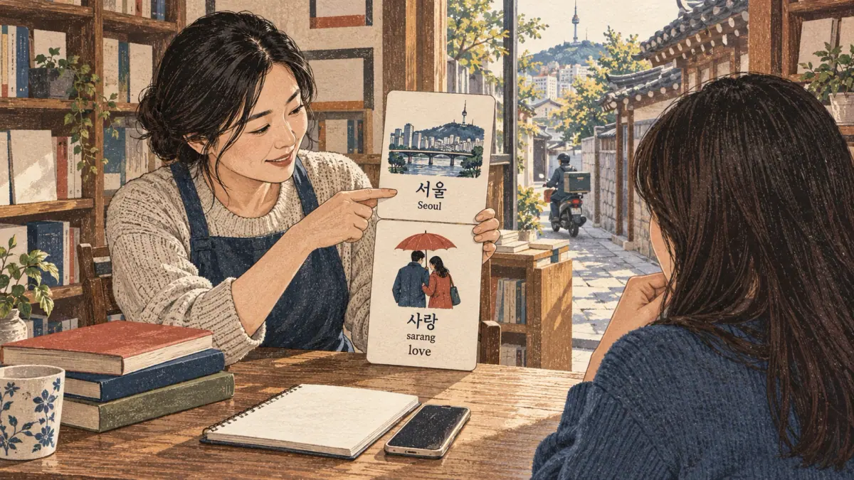 Korean study illustration: 서울, 사랑, Seoul, sarang.