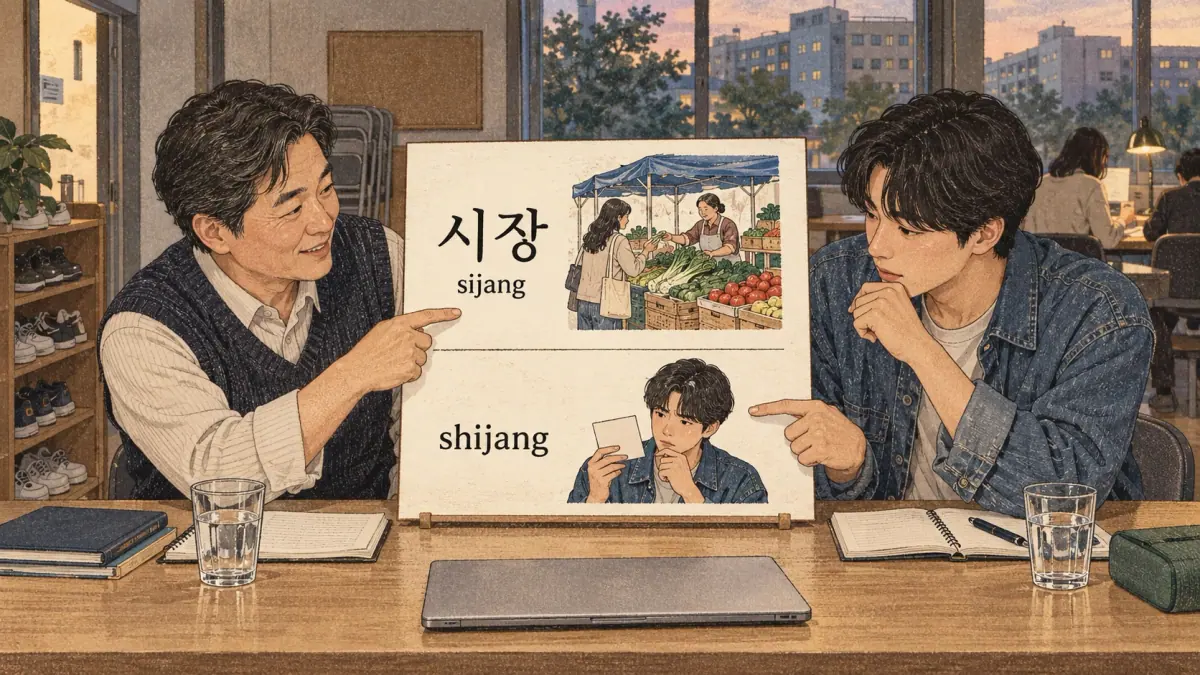 Korean study illustration: 시장, sijang, shijang.