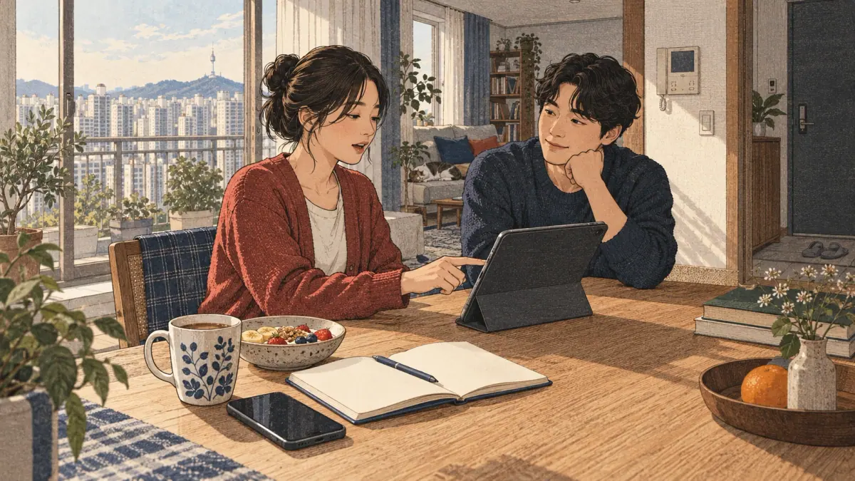 Illustrated Korean study scene.