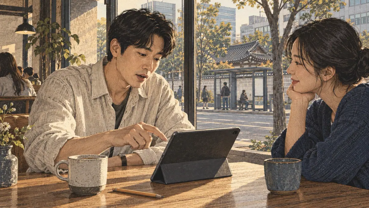 Illustrated Korean study scene.