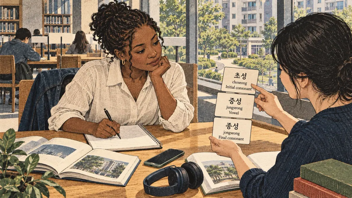 Korean study illustration: 초성, 중성, 종성, choseong, jungseong, Vowel, jongseong.