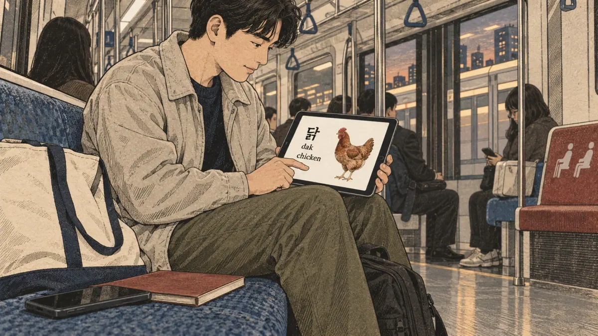 Korean study illustration: 닭, dak.