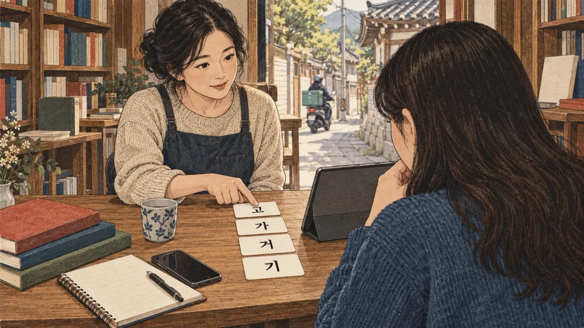 Korean study illustration: 고, 가, 거, 기.