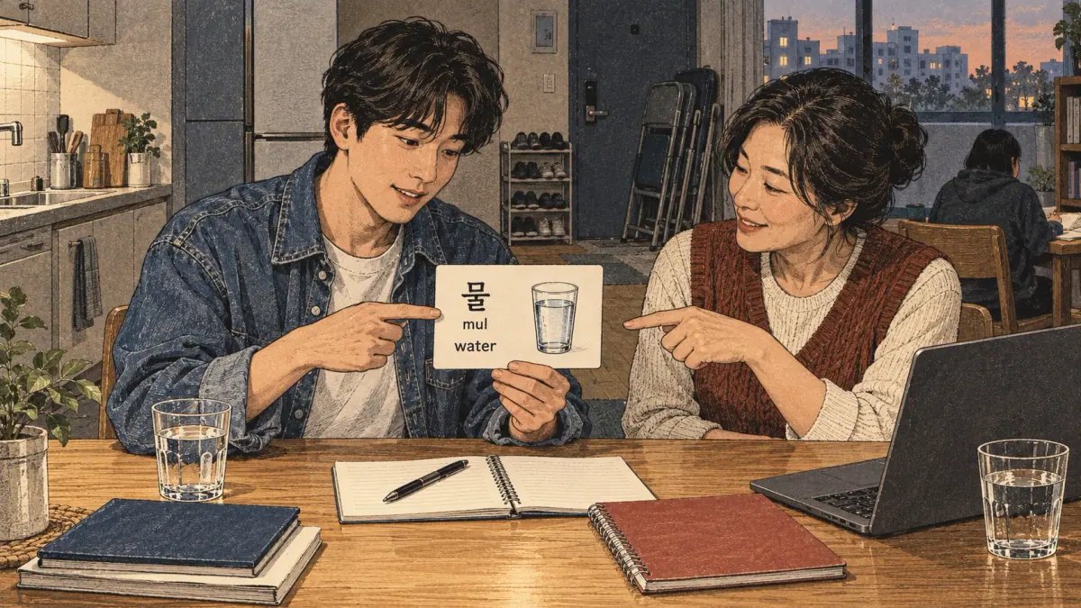 Korean study illustration: 물, mul.