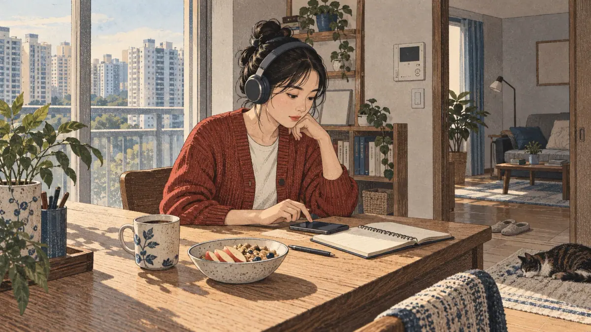 Illustrated Korean study scene.