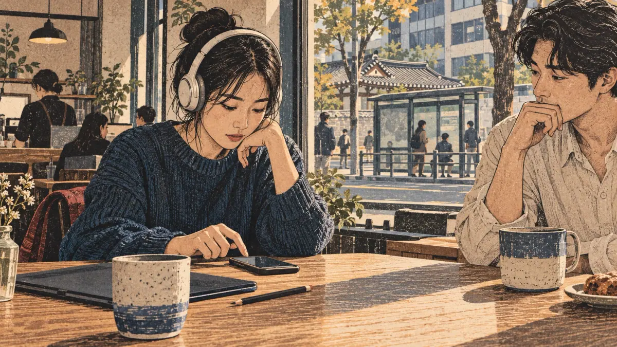 Illustrated Korean study scene.