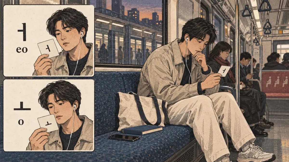 Korean study illustration: ㅓ, ㅗ, eo, o.