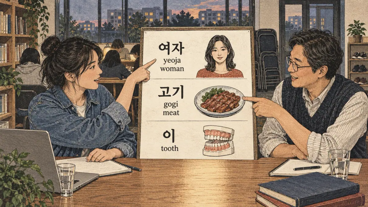 Korean study illustration: 여자, 고기, 이, yeoja, gogi.