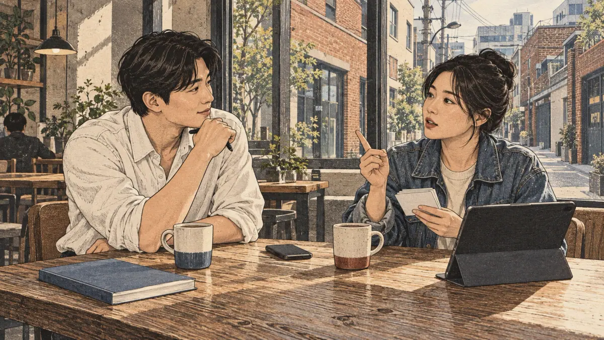 Adult learners practise Korean together in a Seoul café.