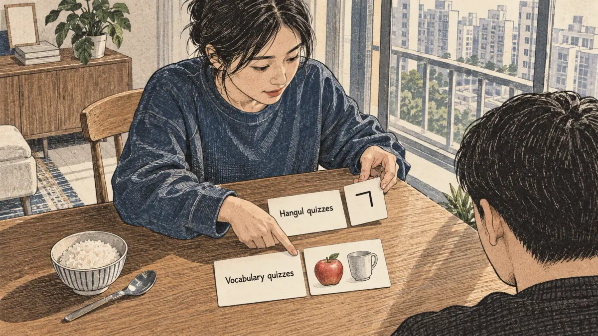 Illustrated practice card with lesson steps and a learner studying in Seoul.
