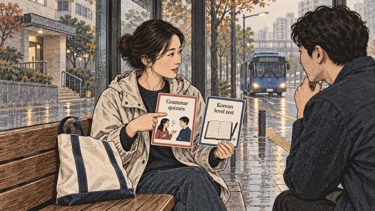 Illustrated practice card with lesson steps and a learner studying in Seoul.