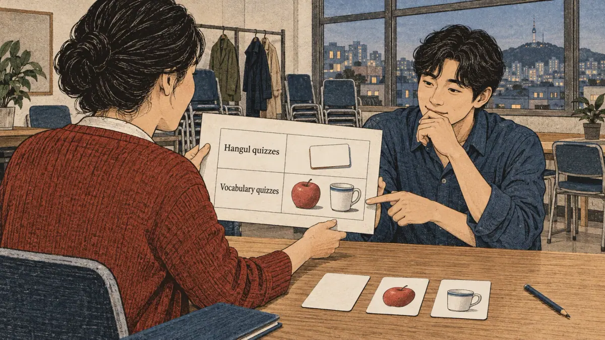 Illustrated practice card with lesson steps and a learner studying in Seoul.