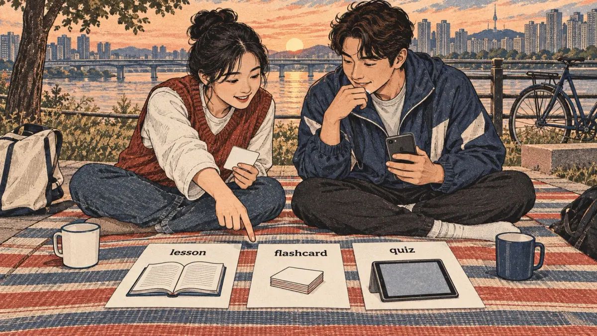 Illustrated practice card with lesson steps and a learner studying in Seoul.