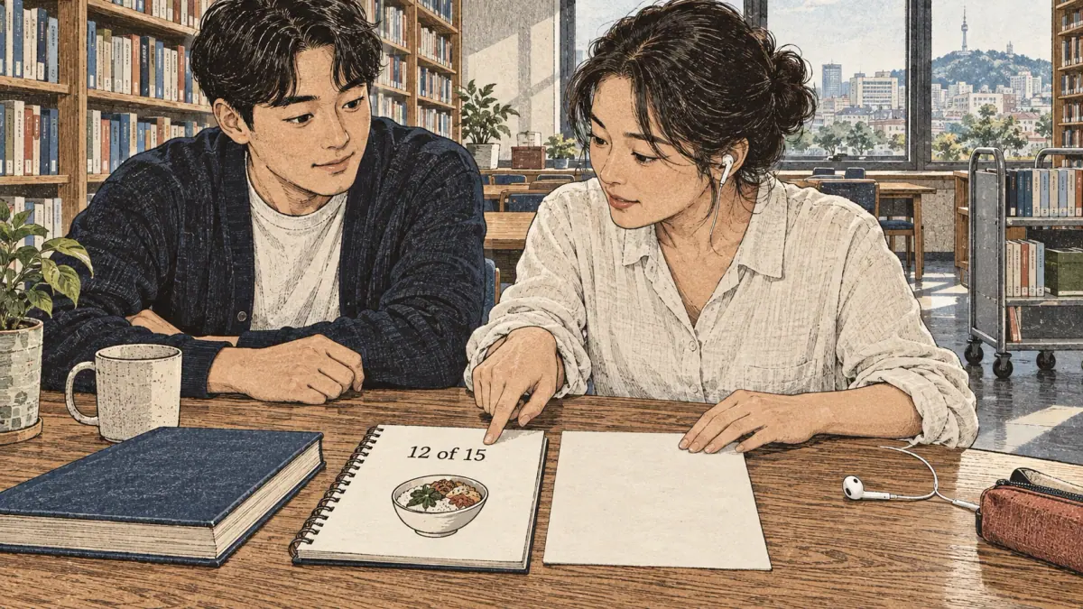 Illustrated practice card with lesson steps and a learner studying in Seoul.
