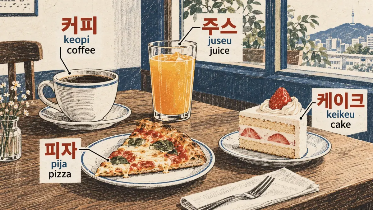 Illustrated lesson: 커피 (keopi), 주스 (juseu), 피자 (pija), 케이크 (keikeu)