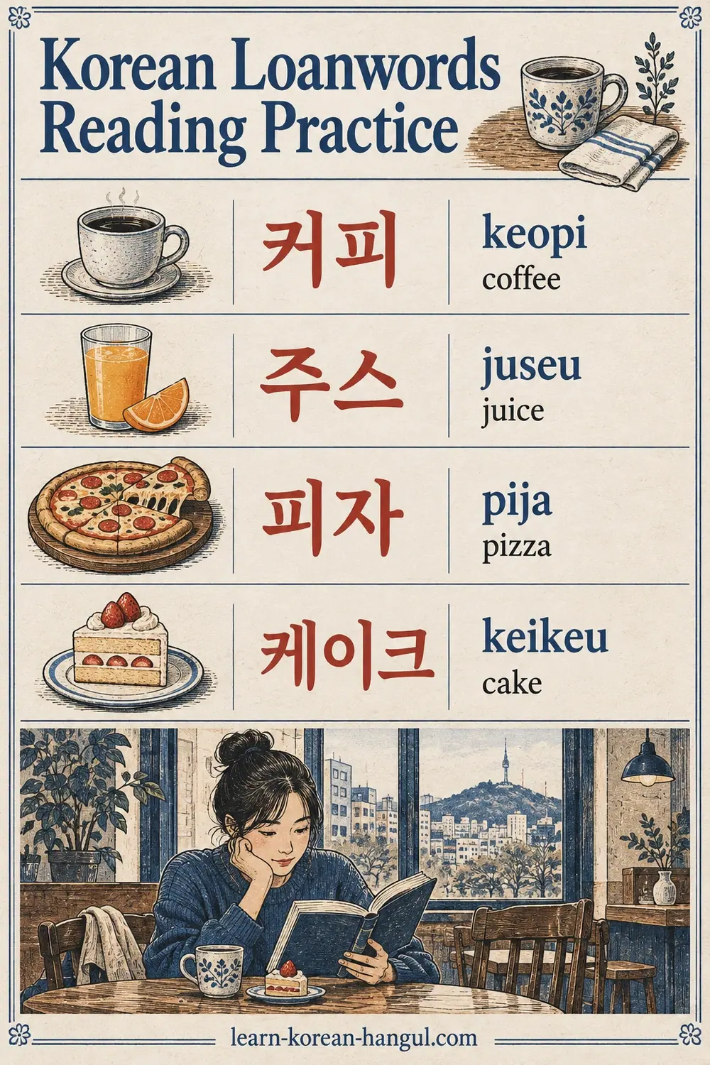 Illustrated lesson: 커피 (keopi), 주스 (juseu), 피자 (pija), 케이크 (keikeu)