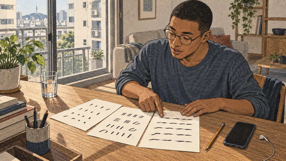 A beginner reads practice sheets aloud at a desk in a Seoul apartment.