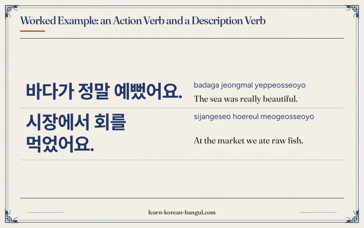 바다가 정말 예뻤어요. · badaga jeongmal yeppeosseoyo · The sea was really beautiful. · Worked example: an action verb and a description verb
