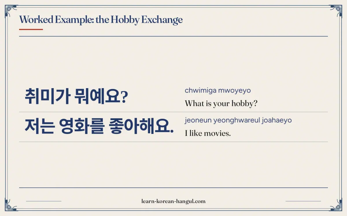 취미가 뭐예요? · chwimiga mwoyeyo · What is your hobby? · Worked example: the hobby exchange