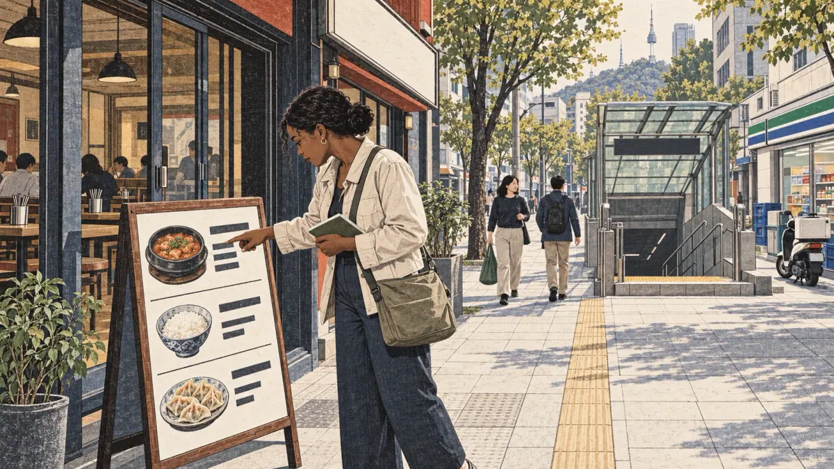 A traveler examines a restaurant menu beside a Seoul subway entrance.