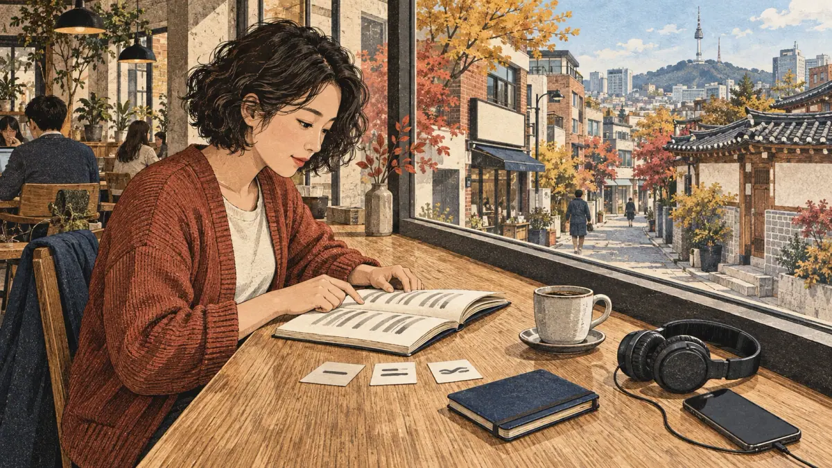 An adult learner reads beside a Seoul café window with a book, study cards and headphones.