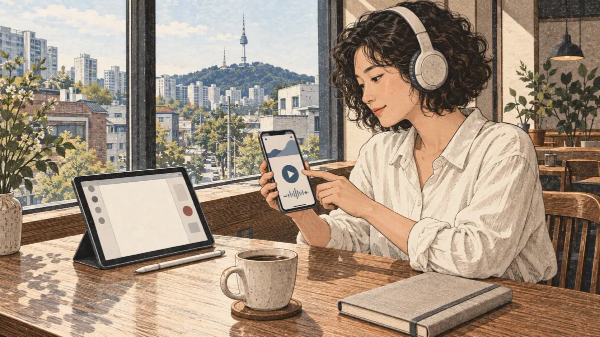 An adult learner compares audio and writing practice on a phone and tablet in a Seoul café.