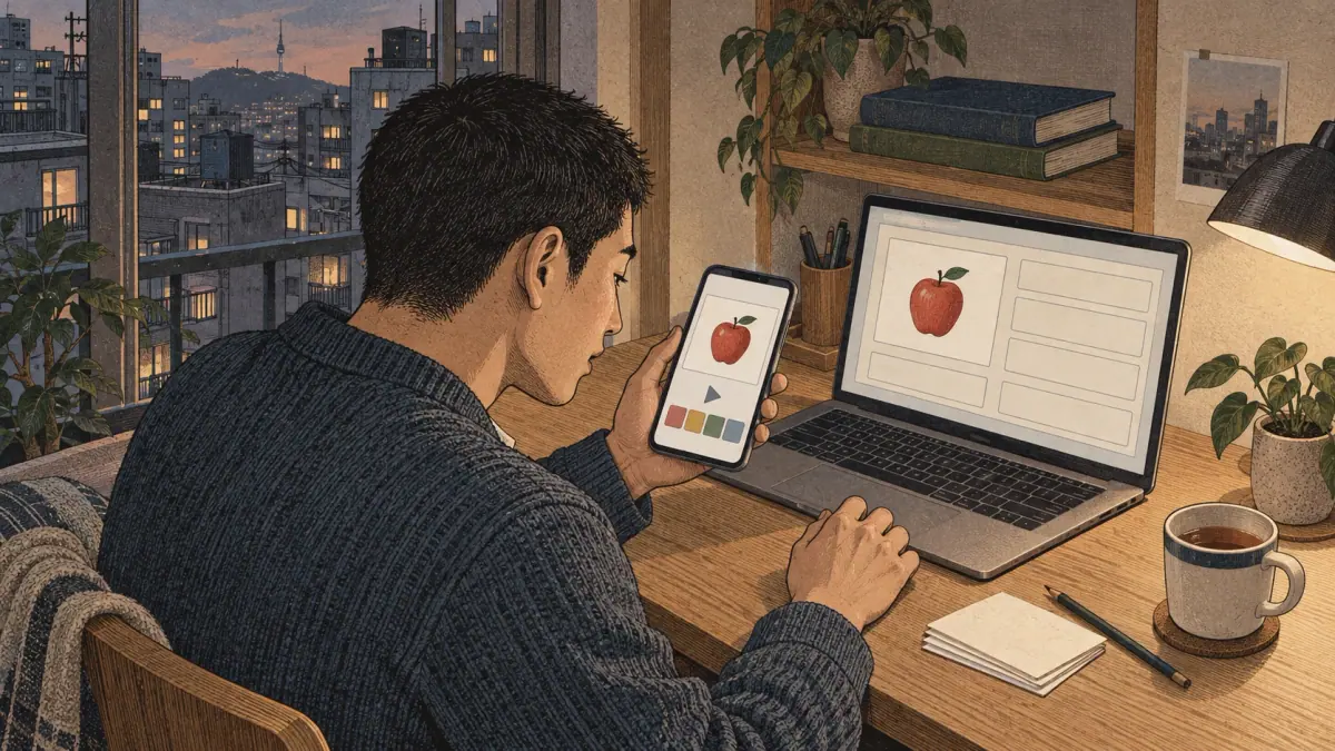 A learner reviews a digital flashcard at a home desk in Seoul, with a laptop and small paper deck nearby.