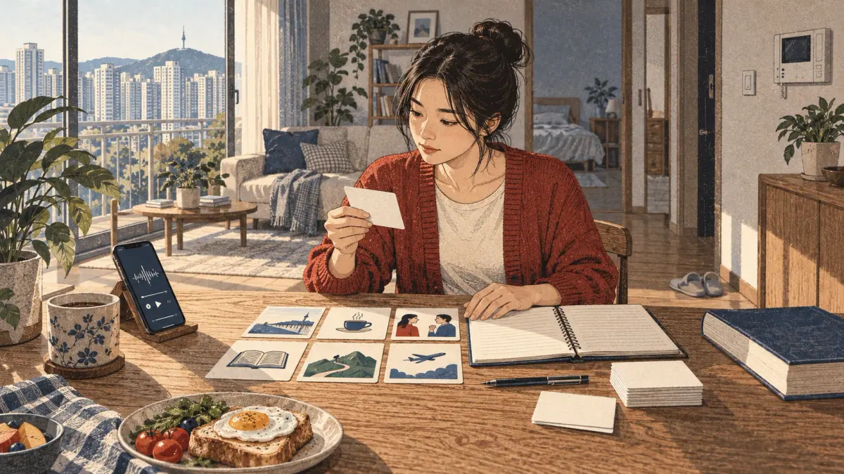 Illustrated Korean study scene.