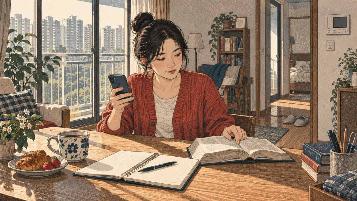 Illustrated Korean study scene.