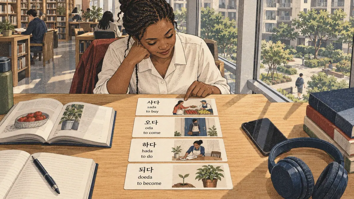 Korean study illustration: 사다, 오다, 하다, 되다, sada, oda, hada, doeda.