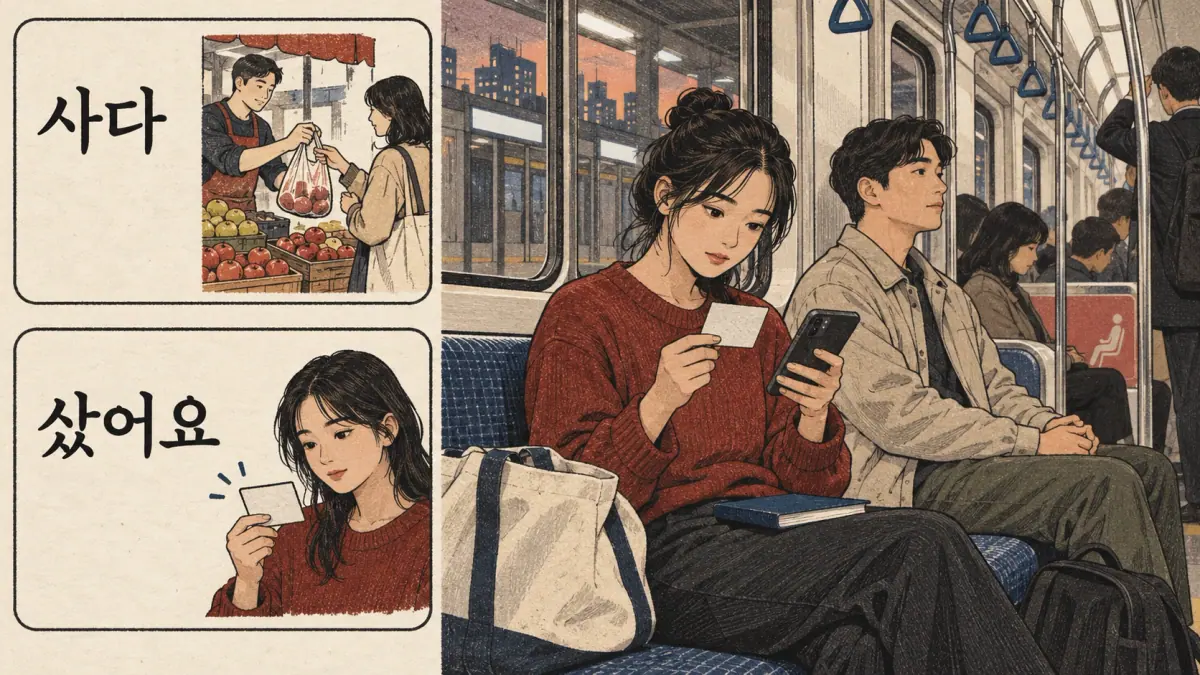 Korean study illustration: 사다, 샀어요.