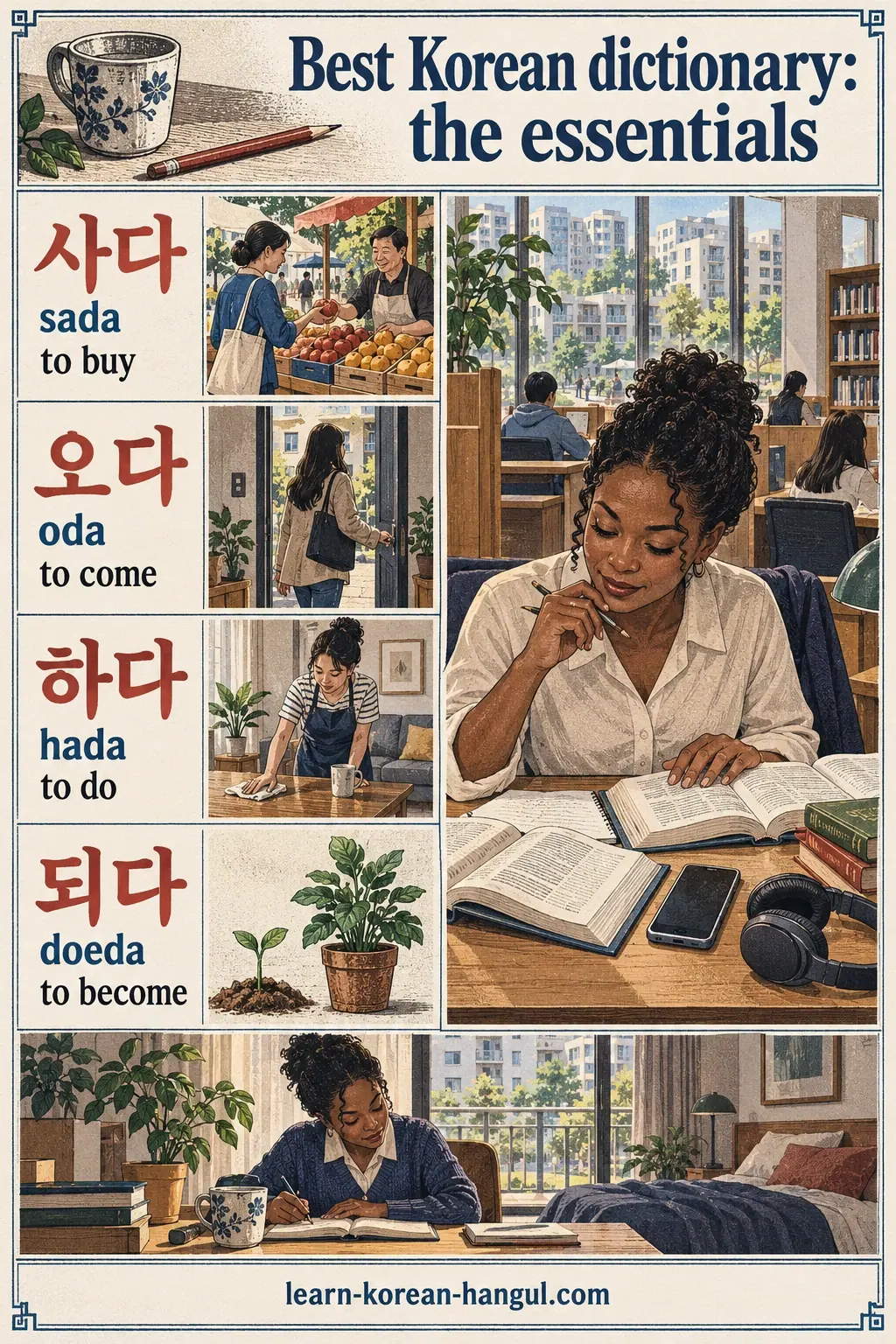 Korean study illustration: 사다, 오다, 하다, 되다, sada, oda, hada, doeda.