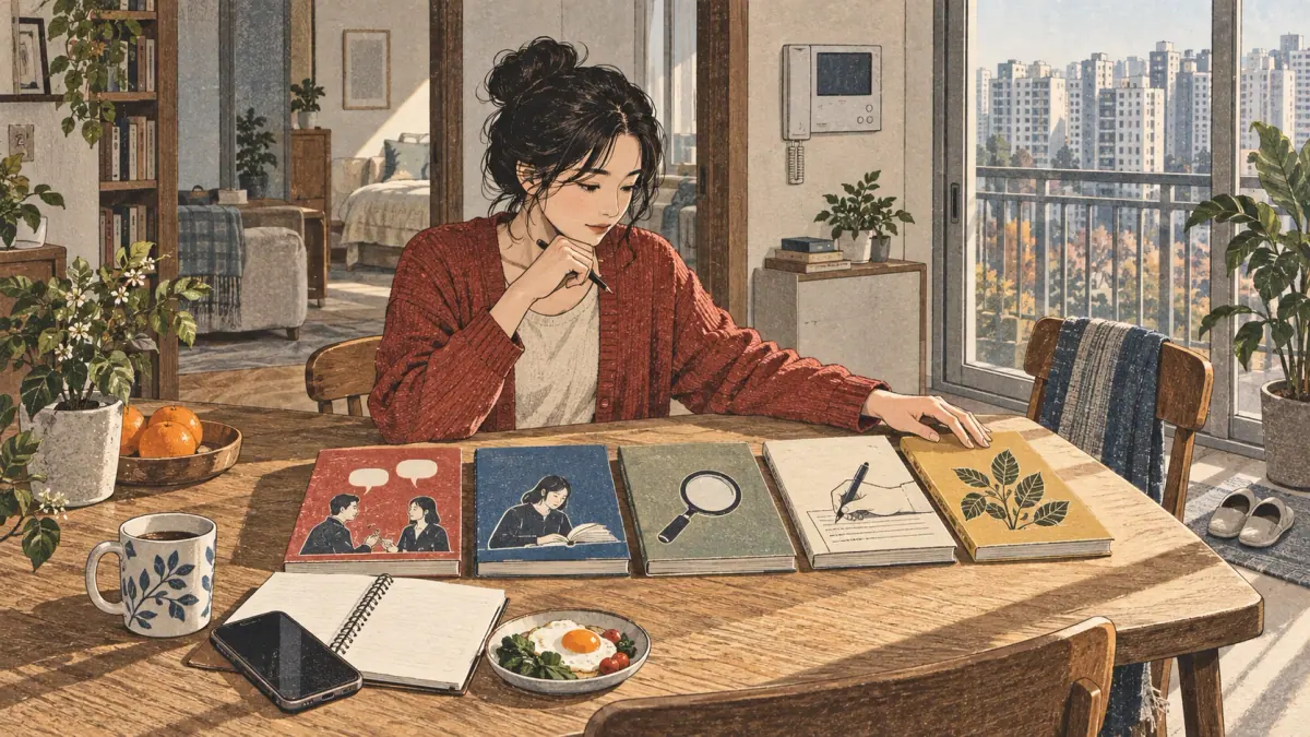 Illustrated Korean study scene.