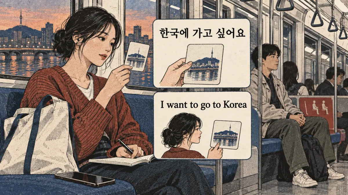 Korean study illustration: 한국에 가고 싶어요.