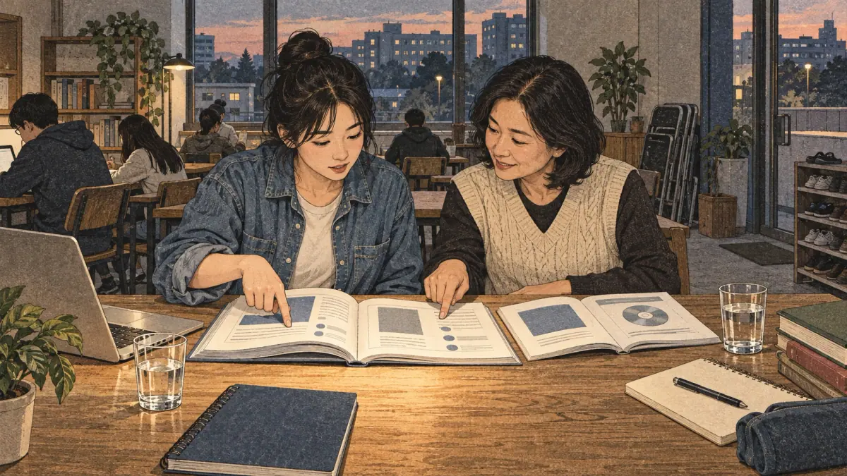 Illustrated Korean study scene.