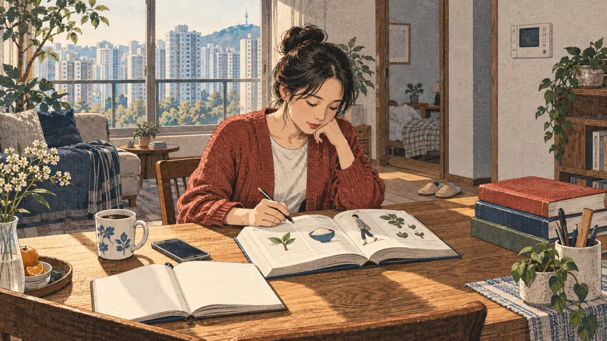Illustrated Korean study scene.