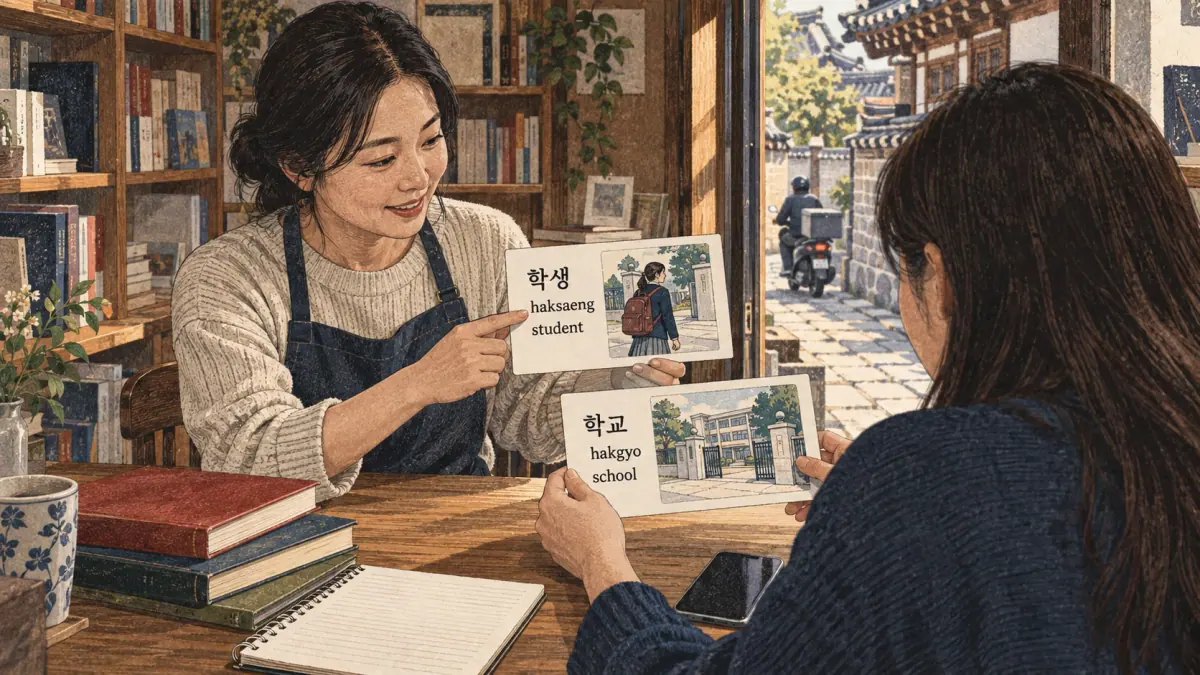 Korean study illustration: 학생, 학교, haksaeng, hakgyo.