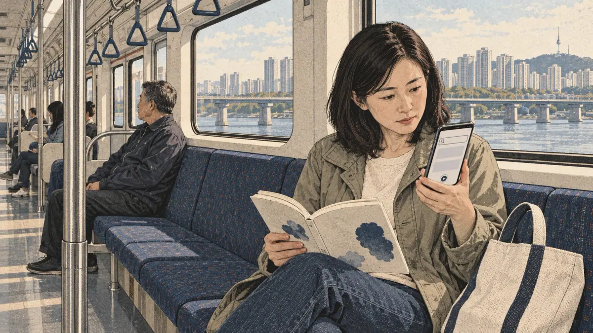 An adult commuter checks a dictionary app while reading on a Seoul subway train.