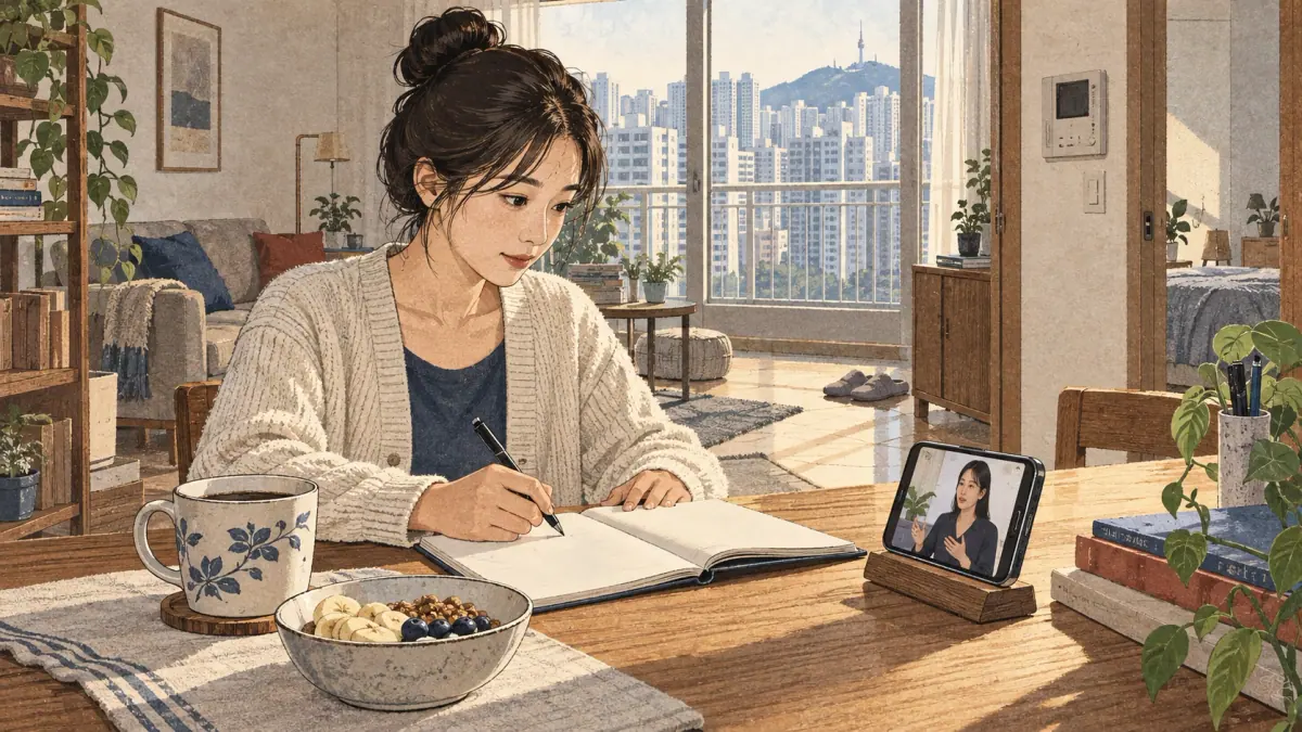 Illustrated Korean study scene.