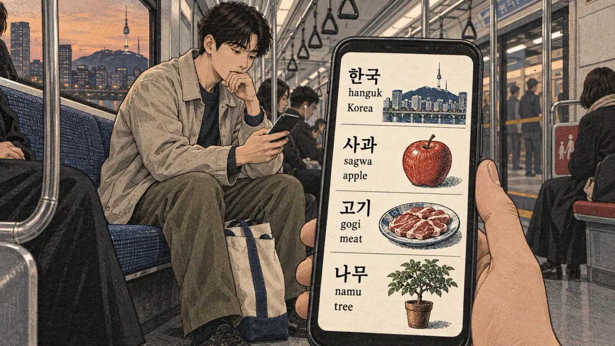 Korean study illustration: 한국, 사과, 고기, 나무, hanguk, sagwa, gogi, namu.