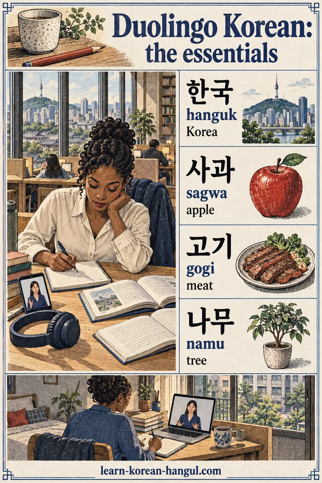 Korean study illustration: 한국, 사과, 고기, 나무, hanguk, sagwa, gogi, namu.