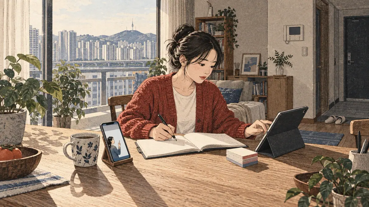 Illustrated Korean study scene.