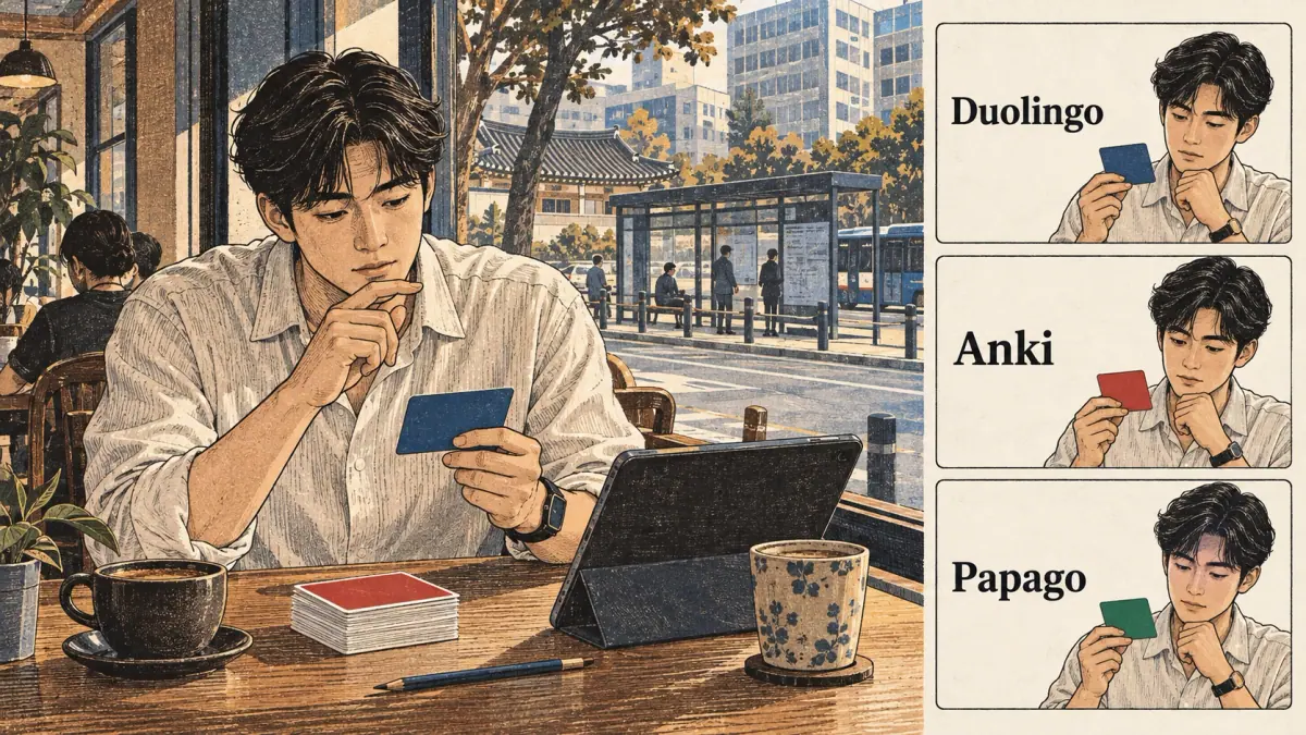 Korean study illustration: Duolingo, Anki, Papago.