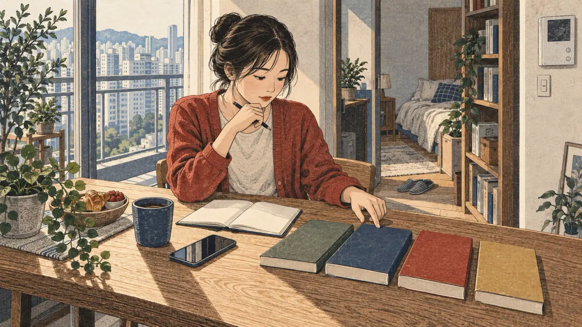 Illustrated Korean study scene.