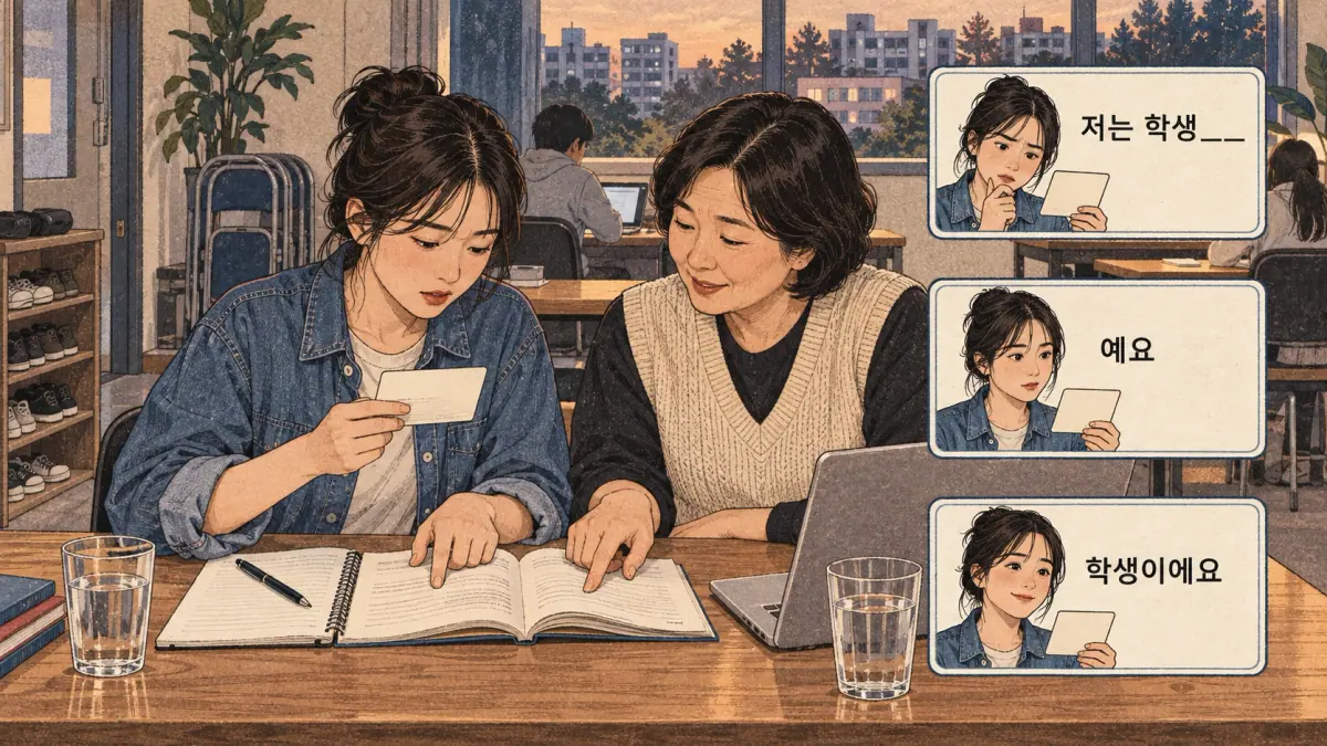 Korean study illustration: 저는 학생___, 예요, 학생이에요.