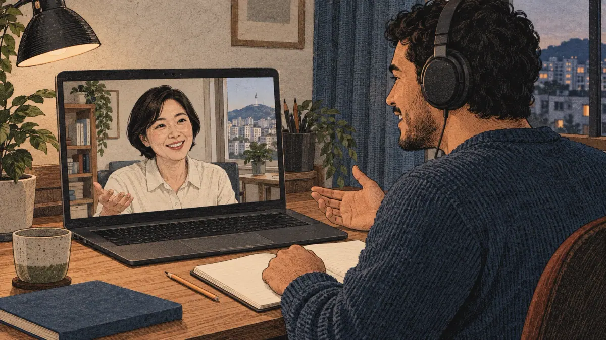 A learner practises speaking with a Korean tutor during an online trial lesson.