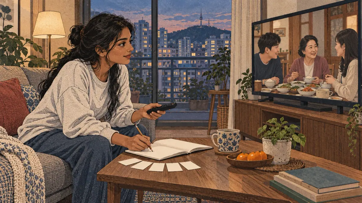 A learner pauses a Korean family drama and prepares five vocabulary cards.