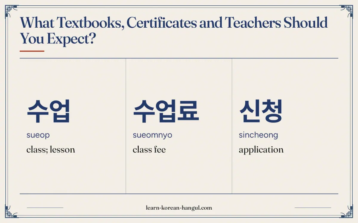 수업 · sueop · class; lesson · What textbooks, certificates and teachers should you expect?